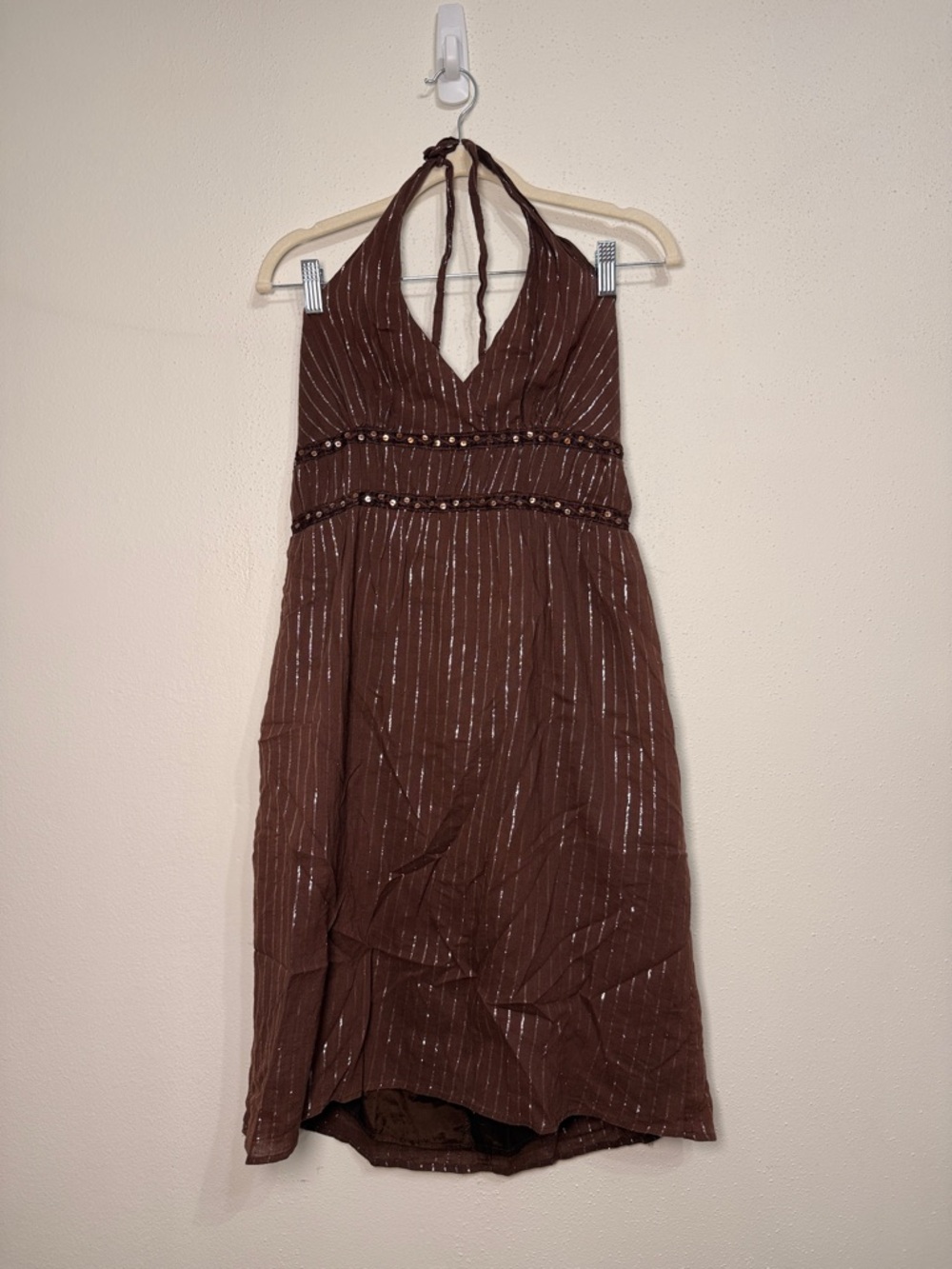 City Triangles Brown Halter Dress with Metallic Stripes